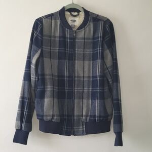 Old Navy Wool Blend Bomber Jacket Plaid Womens Medium Tall Blue Gray